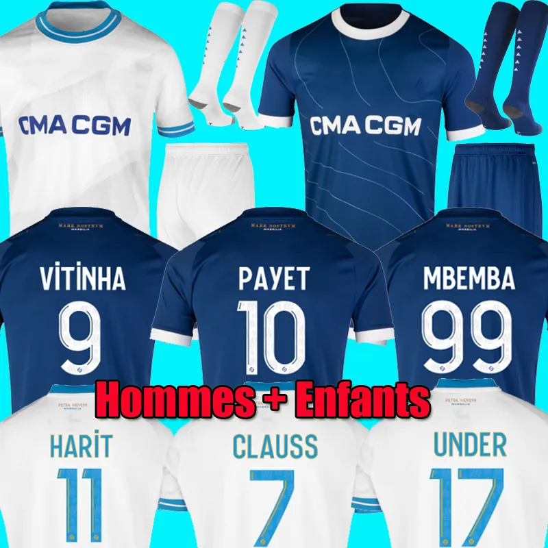 23 24 camisas de futebol 2023 2024 maillot pé CUISANCE GUENDOUZI ALEXIS PAYET CLAUSS camisas de futebol homens crianças VERETOUT Sob NUNO HARIT L SUAREZ om Marselha