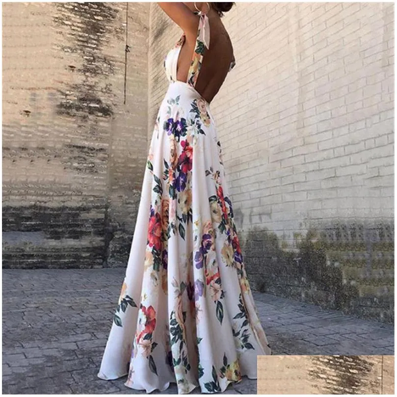 Basic Casual Jurken Bloemenprint Vrouwen Zomer Mouwloos V-hals Backless Vintage Lange Boho Party Cocktail Losse Strand Roze Jurk Dhrex