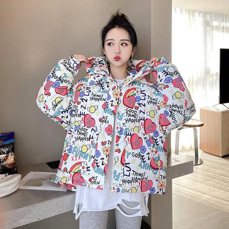 Jaqueta feminina de inverno para baixo Roupas de pão femininas Japonês Graffiti Harajuku Menina estudante Puffer para 2023 Casacos grossos de bolhas