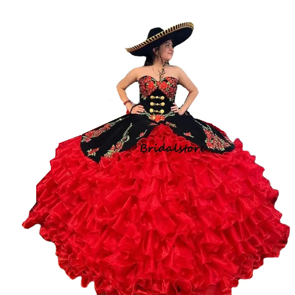 Preto e Vermelho Mexicano Sweet 15 Vestidos Quinceanera Charro Floral Applique Babados Sweetheart Bordados Vestidos De Elegante Sweet 16 Vestido Brithday