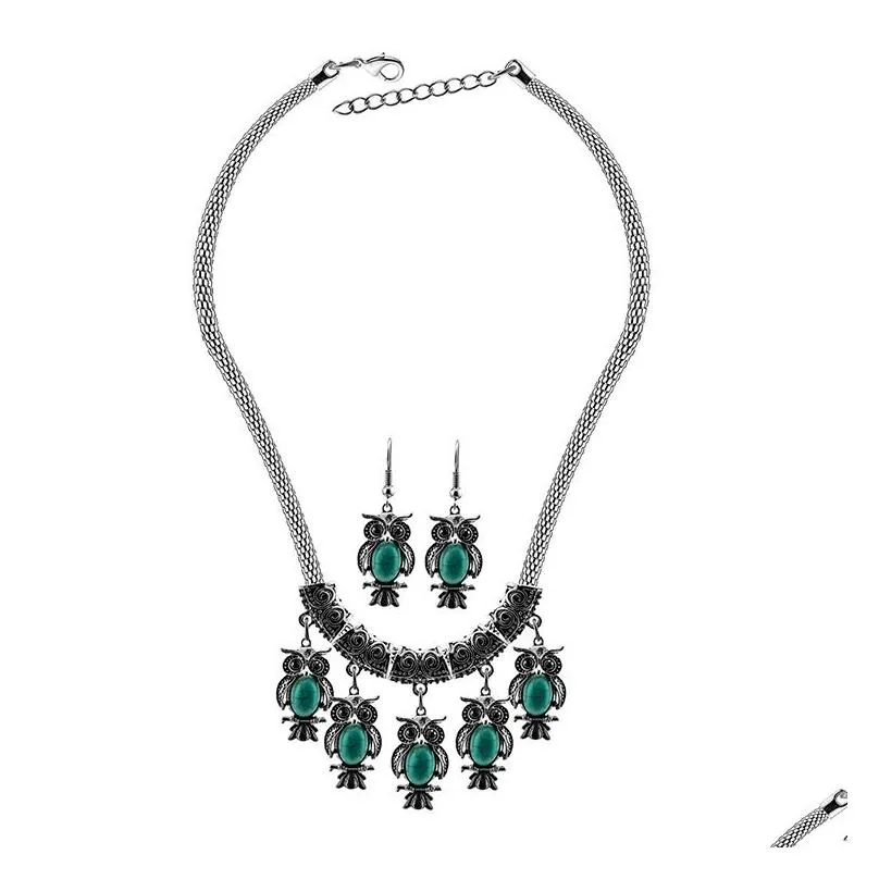 Earrings Necklace Fashion Ladies Jewelry Sets Vintage Owl Turquoise Statement Necklaces Set For Women Wholesale On Sale Drop Delive Dhgyt