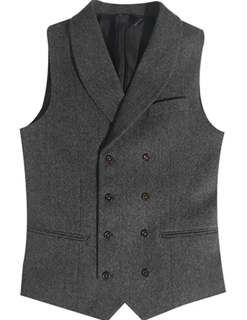 Men's Vests Grey Vest Double Breasted Herringbone Winter Wool Tweed Waistcoat Slim Fit Casual Suit Gentleman Wedding Clothes 230705