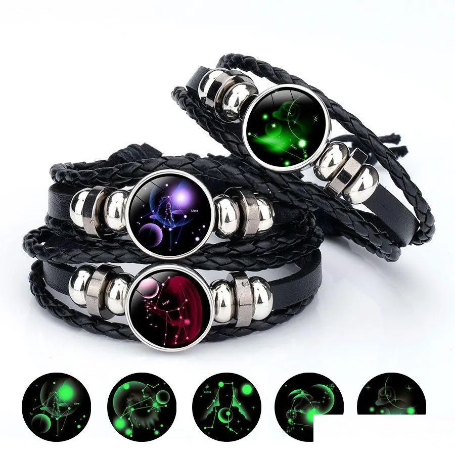 Charm Bracelets 12 Zodiac Glow In The Dark Sign Para Mulheres Homens 18Mm Ginger Snap Button Constellation Couro Corda Bracelete Fashion Drop Dh9Gu