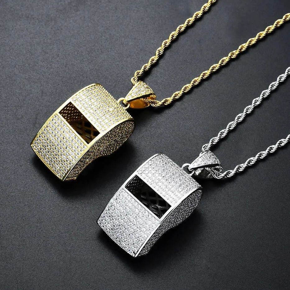 Gzw Jewelry Creative New Whistle Pendant Necklace Fashion Trend Hip Hop Iced Out Full Cubic Zirconia Cz Stone Real Gold Plated Rapper Bijoux Male Gifts