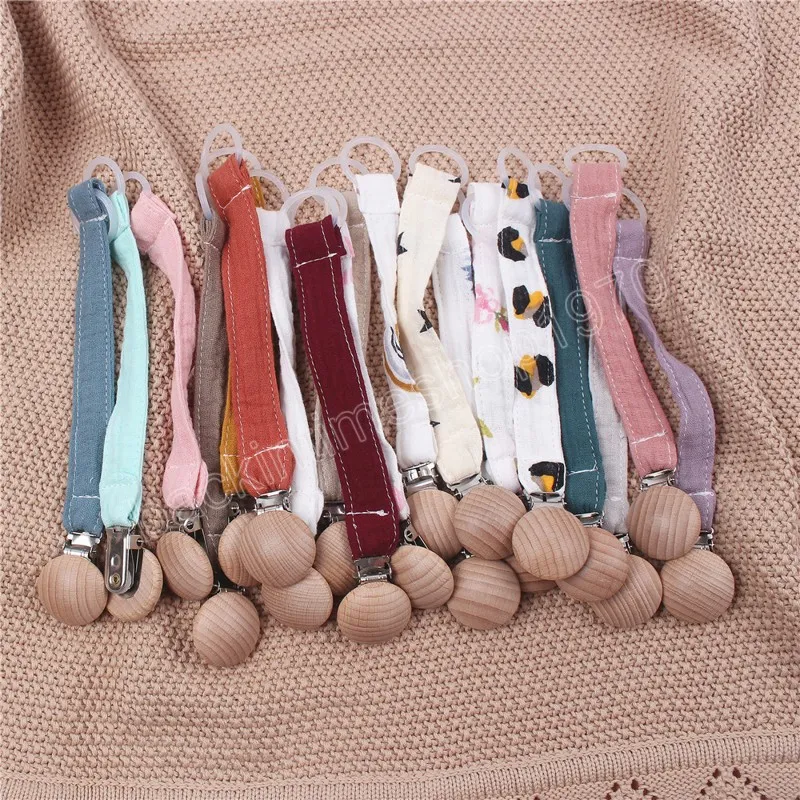 Baby Solid Color Cotton Pacifier Clip Chain Beech Wood Infant Dummy Holder Teething Toys Nipple Holder for Baby Feeding
