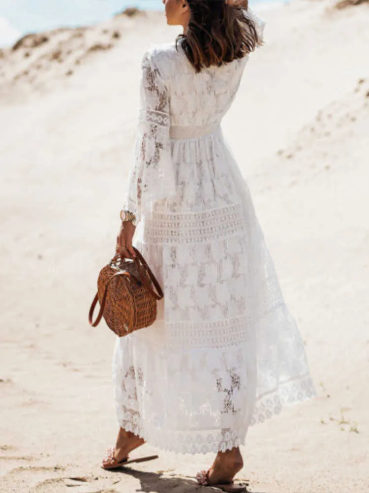 blue dress for baby girl Bohemian Long Flare Sleeves Lace Wedding Dress V Neck Chic – TANYA BRIDAL main image 1