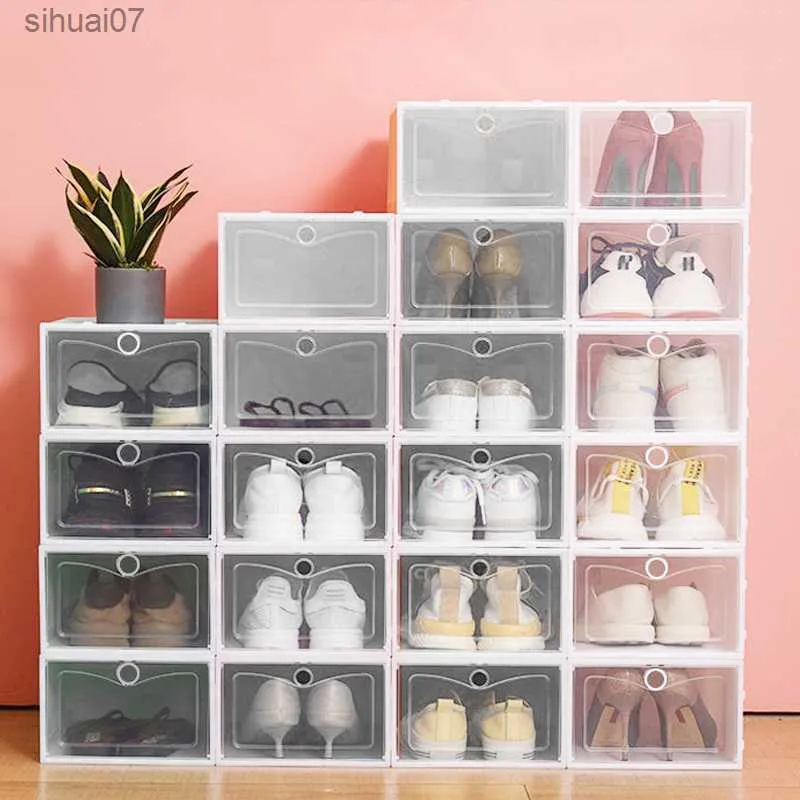 1pcs Transparent Plastic Shoe Storage Boxes Clear Sneakers Display Case High-tops Football Shoe Box Stackable Shoes Cabinet L230705