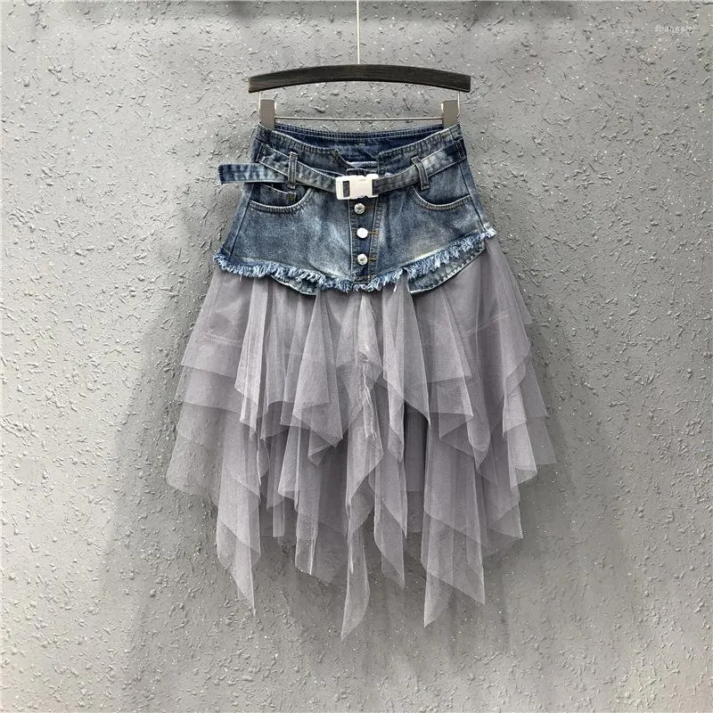 Jupes Punk femmes Denim Jeans maille Patchwork dentelle jupe taille haute une ligne asymétrique volant Tulle plissé Midi Y2K gothique Chic