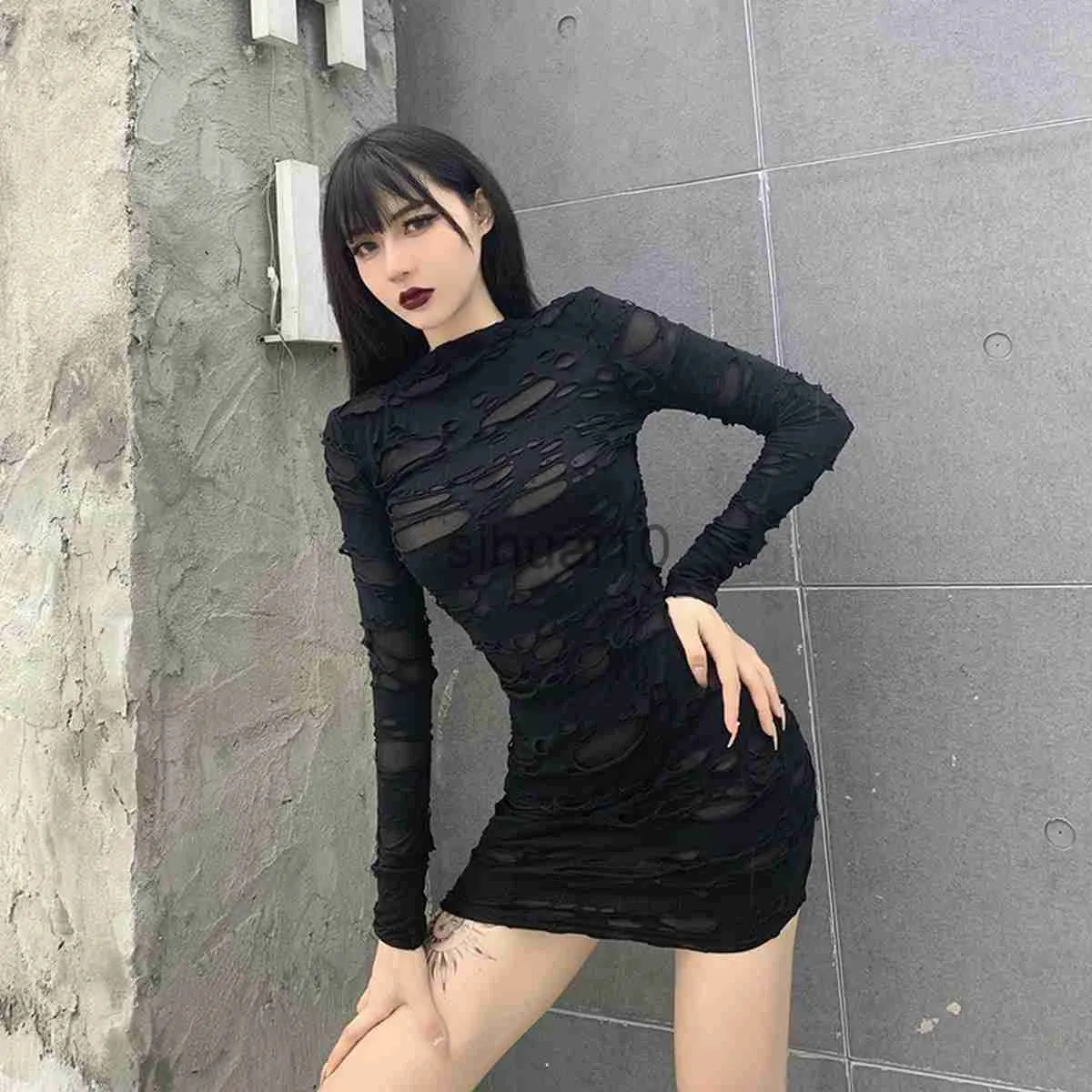 Casual Dresses Helisopus New Gothic Black Mini Dress Streetwear Rock Punk Hollow Retro High Waist Long Sleeve Bodycon Party Dresses J230705