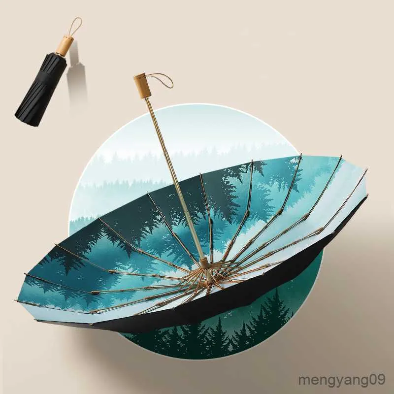 Paraplu Retro Winddicht Anti-Uv Drie-opvouwbare Paraplu Houten Handvat Outdoor Chinese Klassieke Paraplu Voor Vrouwen Mannen Parasol Gift R230705