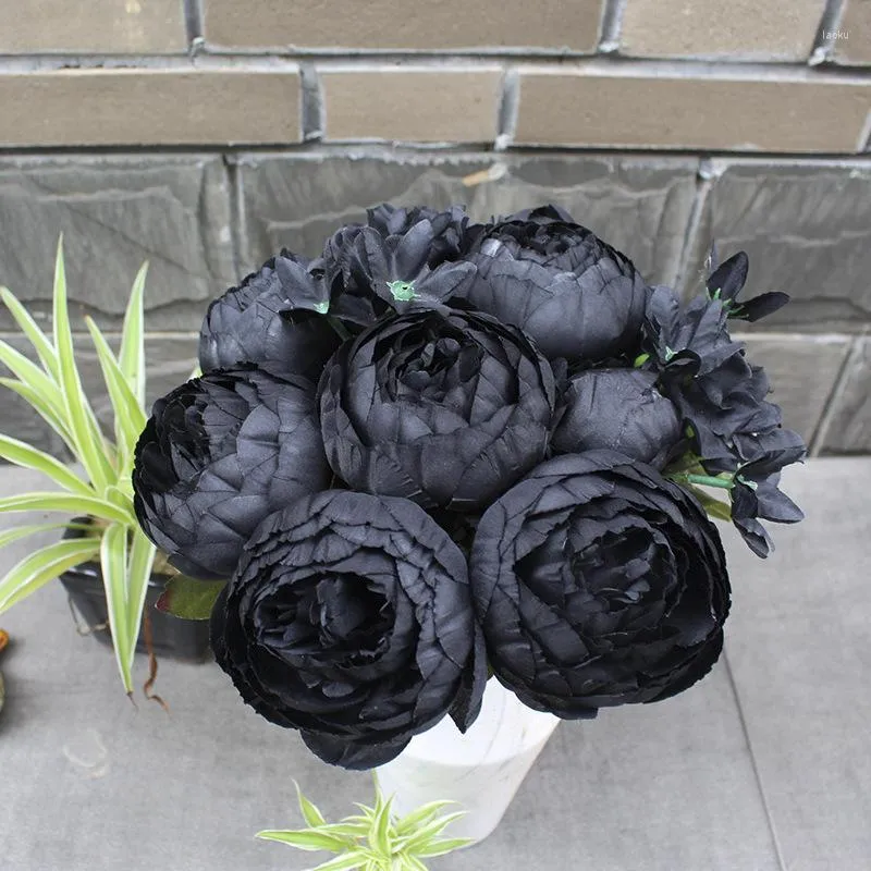 Fleurs décoratives artificielles 12 pivoines faux mariage Pography décoration Simulation Rose noir Halloween Bouquet fête décor