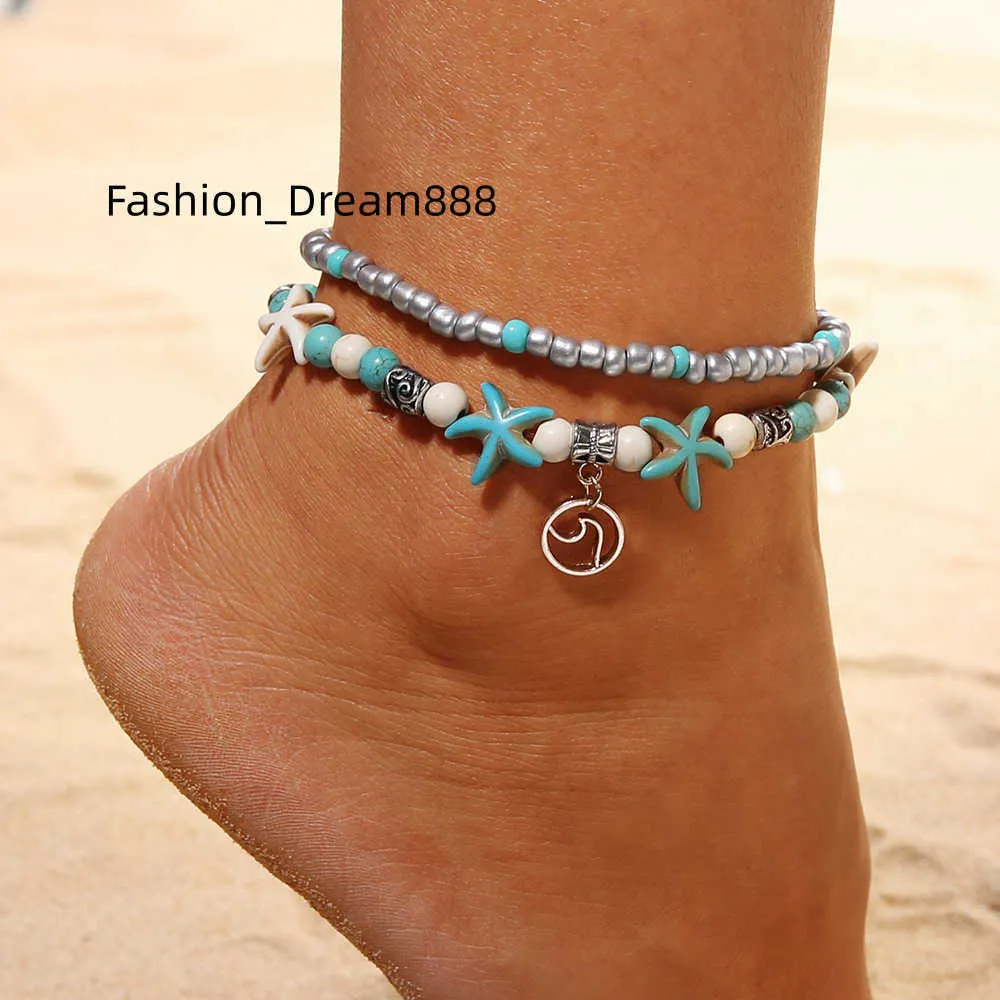 Tornozeleiras de praia de verão estrela do mar onda concha de tartaruga marinha árvore da vida charme tornozelo pé joias para mulheres tornozeleira feminina pérola frisada