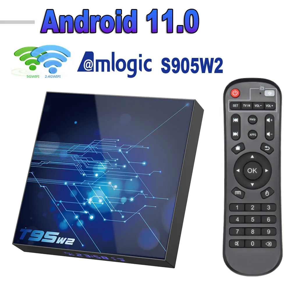 20PCS T95W2 Android 11 tv box 4GB 64GB 32GB 16GB amlogic s905w2 4K AV1 lettore multimediale 2.4G 5G Wifi BT4.0