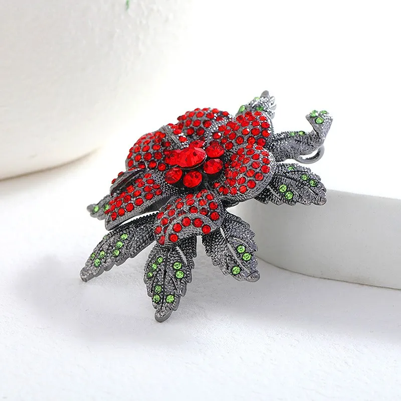 Vintage Luxury Red Rose Flower Crystal Brooches Rhinestone Metal Pins For Women Lady Badges Party Banquet Accessories