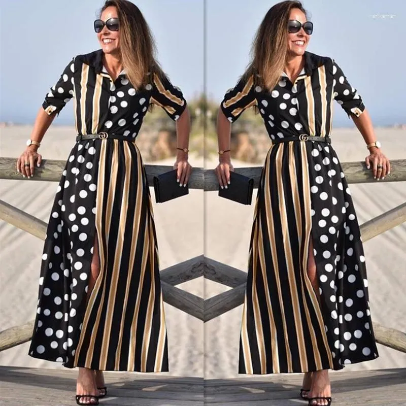 Party Dresses Black Long For Women Striped Office Half Sleeves Maxi Dress Summer 2023 Fashion High Split Vestidos Elegantes Para Mujer