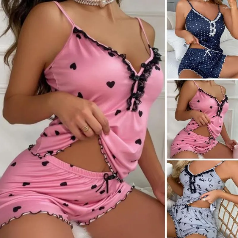 Roupa de dormir feminina 2 pçs/conjunto com botões decote em V Conjunto de pijama com costura em renda e acabamento transparente Colete feminino com estampa de bolinhas Shorts de perna larga Roupa de casa