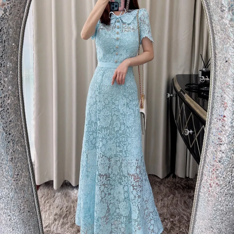 New S/elf Portrait Mist Blue Doll Neck Bow Lace Waist Sweetheart Dress High Grade Heavy Duty Long Dress