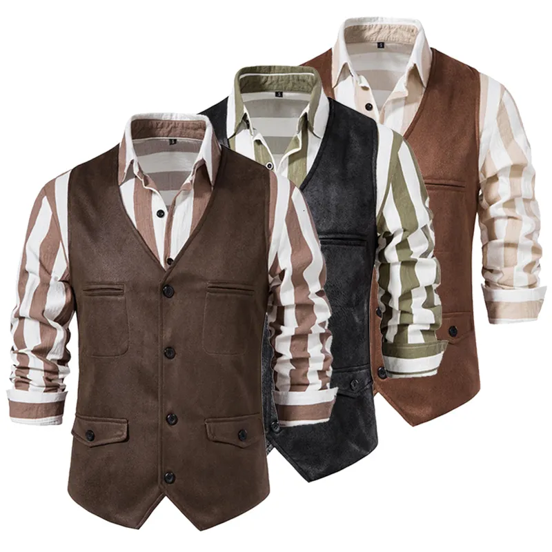 Men's Vests Fashion Vneck Suede Vest Casual Singlebreasted Business Suit Men Sleeveless Jacket Waistcoat 230705