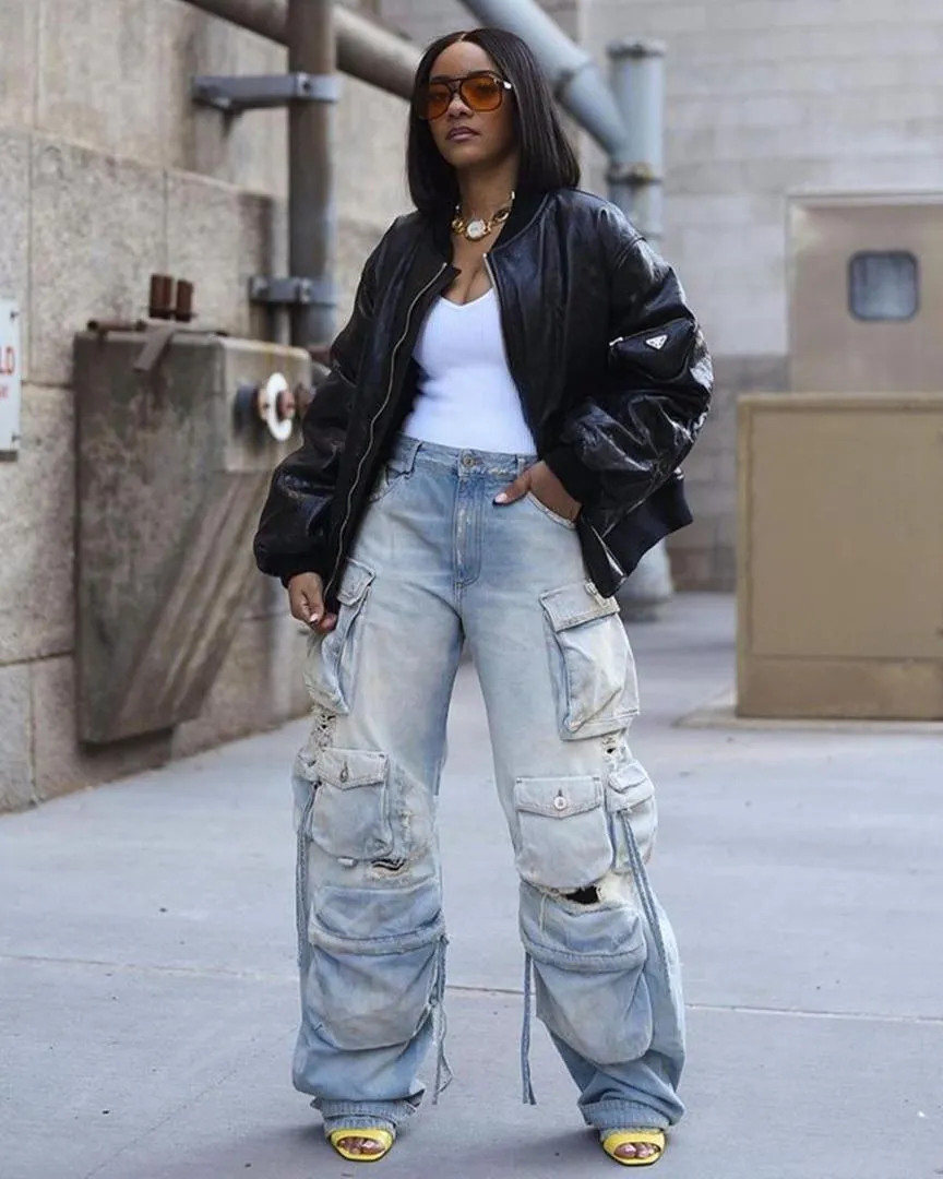 Jeans folgados de cintura alta feminina FLAP Pocket Pocket Fit Fit Straight Wide perna Y2K 2023 Moda Ripped Out Drawstring Cargo