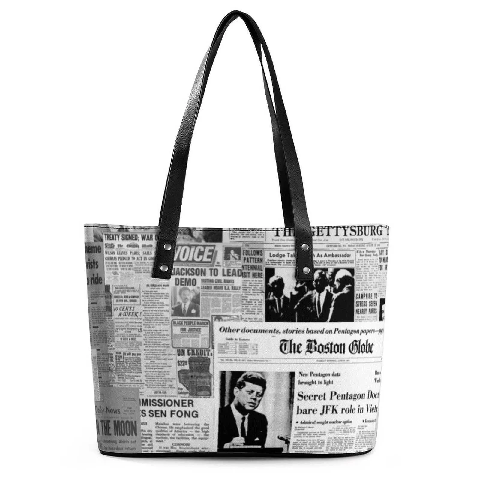 Schoudertassen Krant Collage Handtassen Oude Amerikaanse Kranten PU lederen schoudertas Student Kruidenier Print Tote Bag Casual Shopper Bags 230705