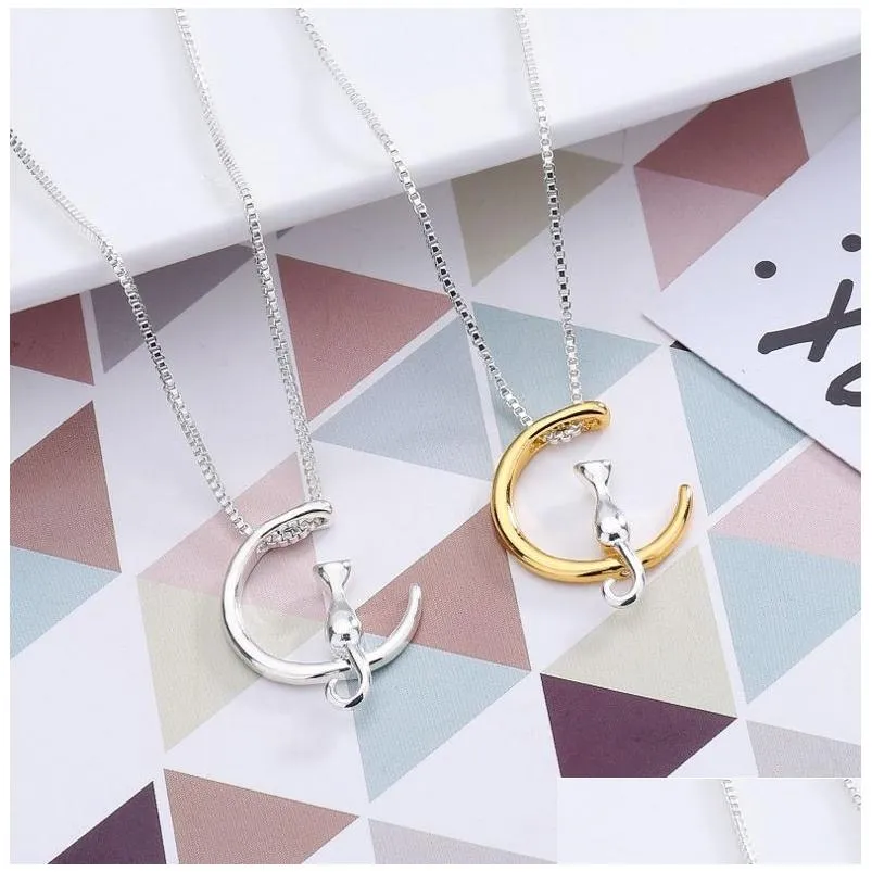 Anhänger Halsketten Nette Katze Mond Form Halskette Für Frauen Gold Silber Tier Box Ketten Mode Schmuck Geschenk Drop Lieferung Anhänger DH4S3