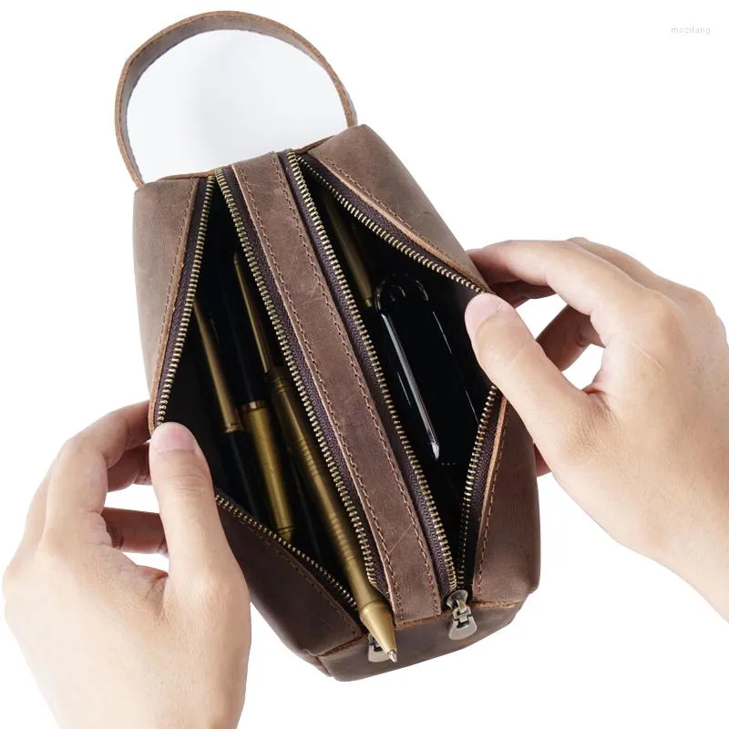 Large Capacity Genuine Leather Pencil Case Double Zipper Stationery Organizer Holder School Supplies Nature Cowhide Pencilcase