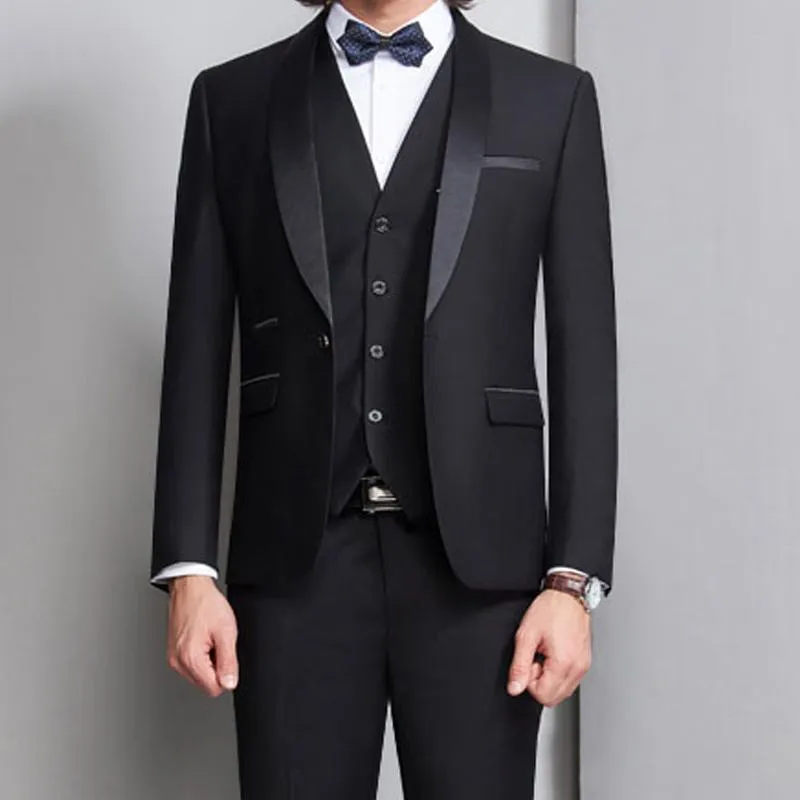 Suits Black Groom Tuxedo For Wedding Prom Men Suits 3 Piece Rökning Formell Slim Fit Ceremony Male Clothes Set Vest Jacket Pants