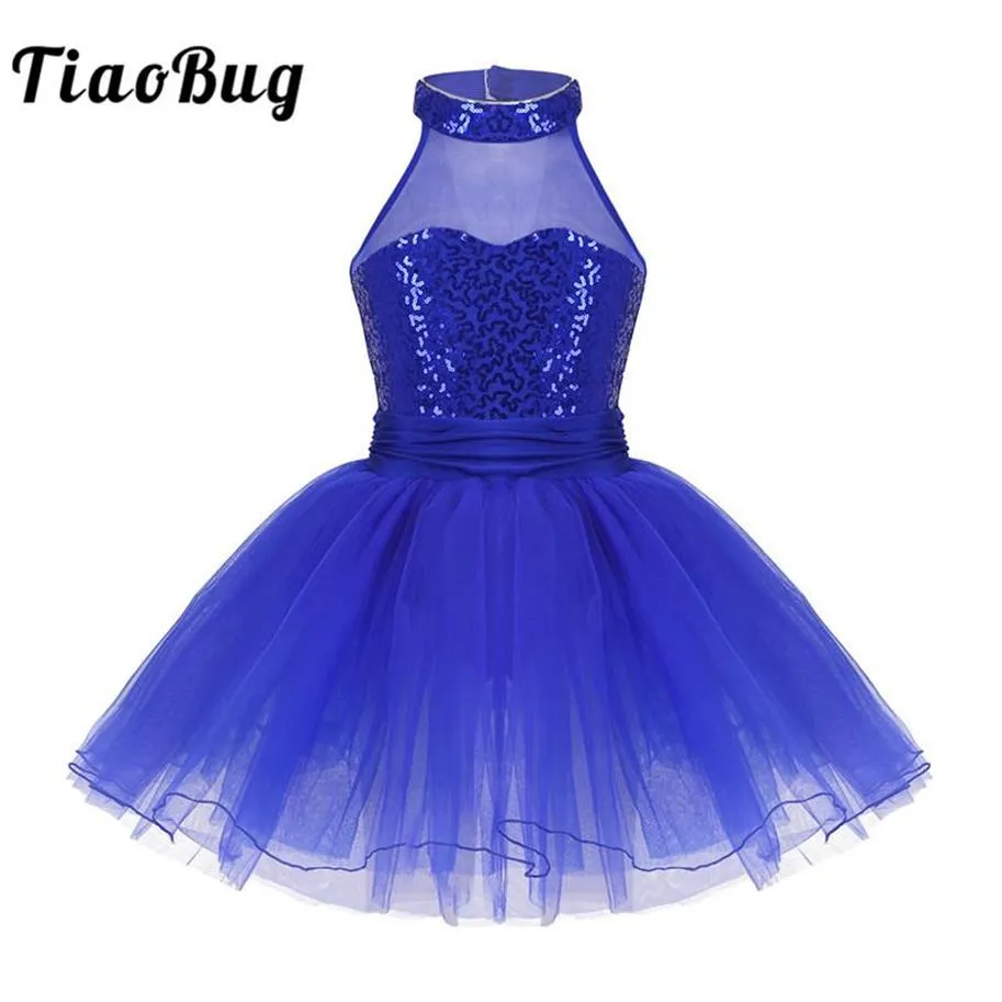 Stage Wear TiaoBug Kids Sleeveless Sequin Mesh Splice Ballet Tutu Dance Leotard Dress Girls Gymnastics Ballerina Party240R