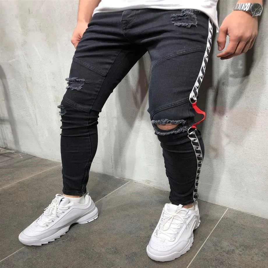 Модные меморандумы черные байкерские джинсы 19SS разорванные весенние летние летние брюки Hombres Jean Pantalones277p