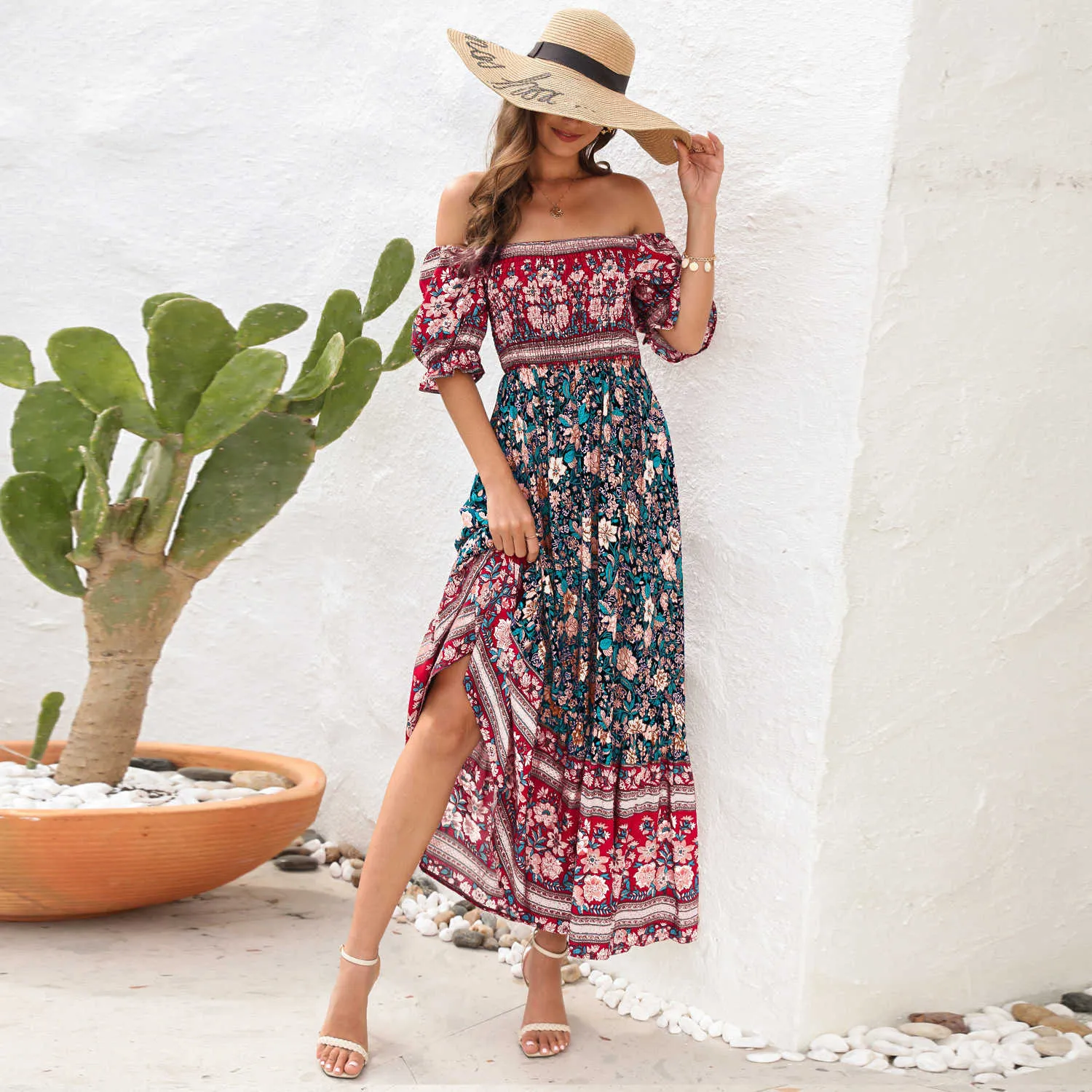 Boho Floral Print Ankle-Length Dress Women Summer Puff Sleeve Square Neck  Casual Dress with Empire Waist from Dhgate Basic & Casual Dresses