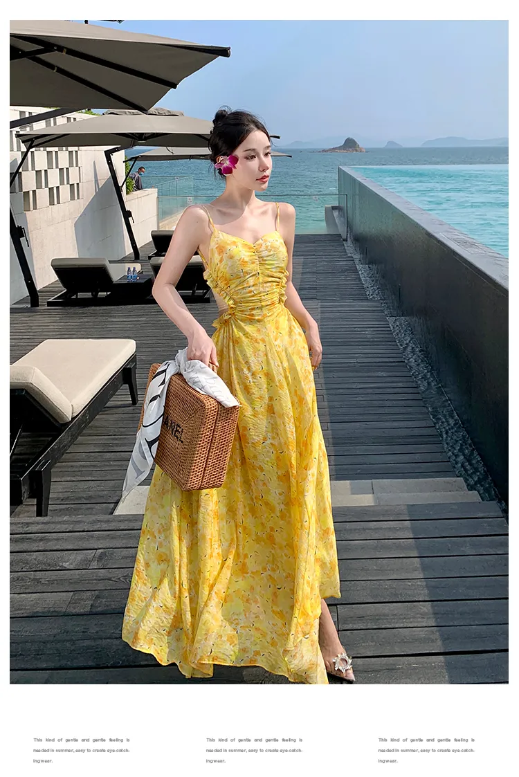 Women's beach holiday yellow flower print Italian strap high waist A-back yarn stitching long desinger dress SML