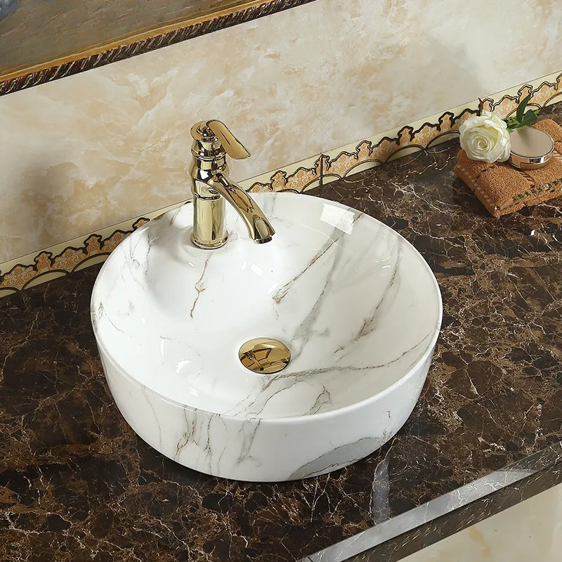 Art Ceramic Washbasin European Luxury Lavatory Countertop Basin Bathroom Sink Faucet Set KS36