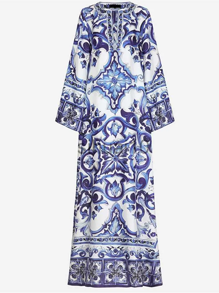 Casual Dresses Newest Autumn Runway Loose Maxi Dress Women Blue and White Porcelain Flower Print Bohemian Side Split Long Vestidos Female Robe J230705