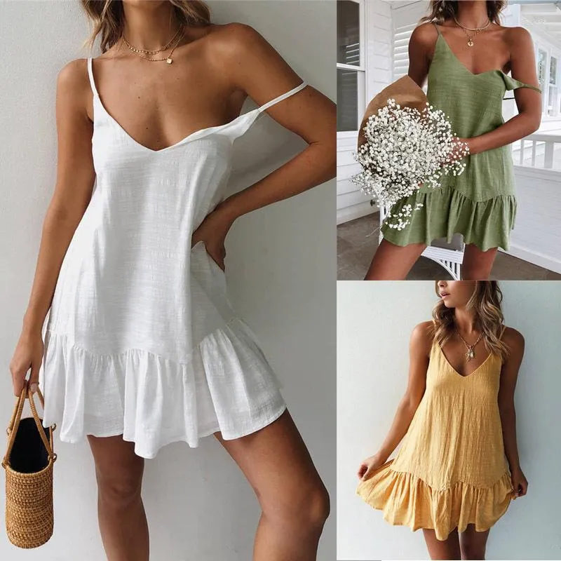 Sukienki na co dzień letnia moda damska seksowna chusta dekolt w serek 2023 czysta bawełna wzburzyć biała plaża Mini spódniczka luźne słońce