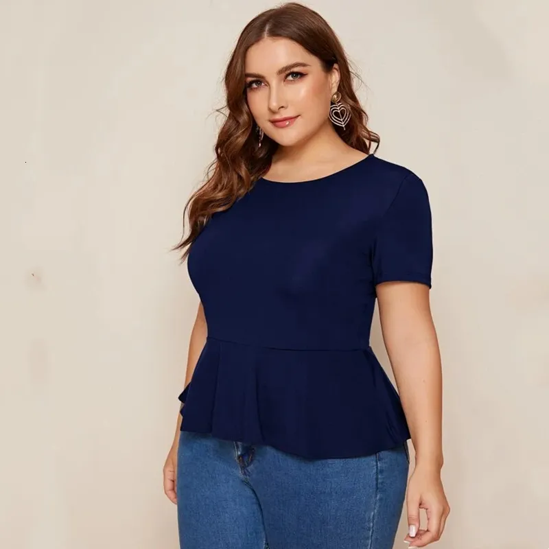 Women's Plus Size TShirt Elegant Peplum Top Women Short Sleeve Keyhole Back Ruffle Blouse Female Large Casual Blue Tshirt Tee 6XL 7XL 8XL 230705