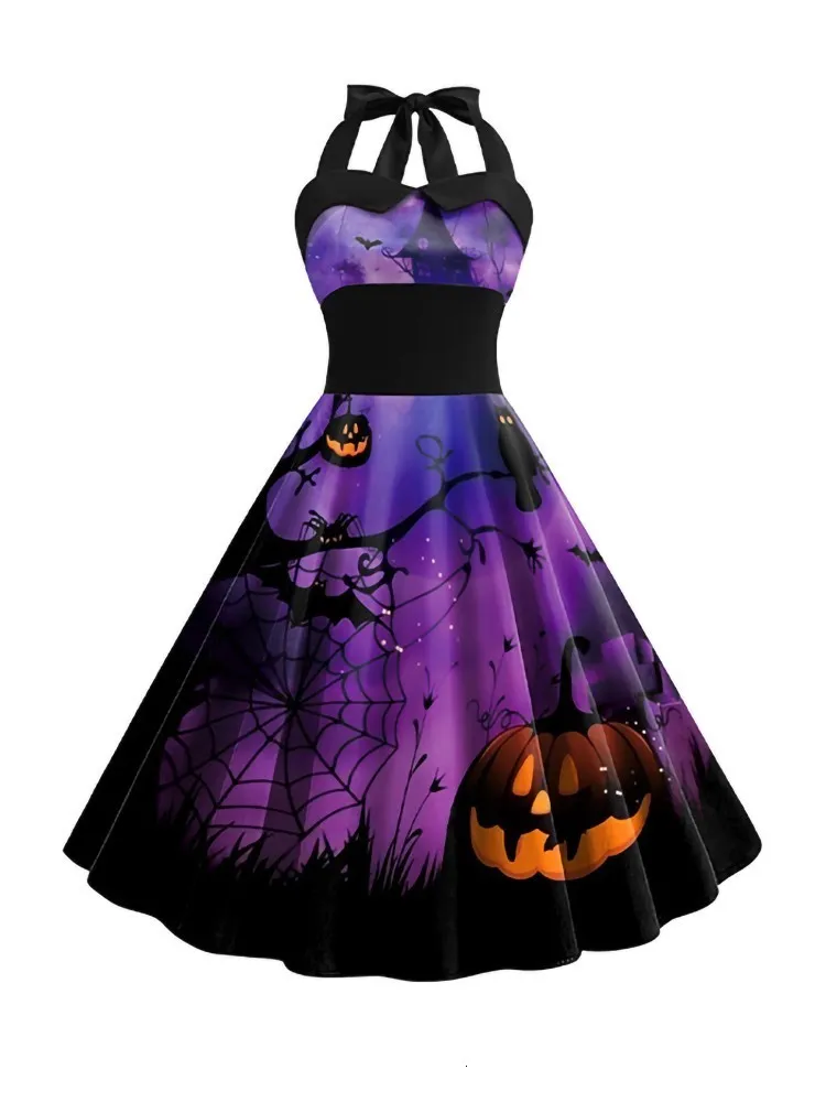 Basic Casual Dresses Pumpkin Bat Print Halloween Midi Dress Women Fashion V Neck Elegant Party Ladies Plus Size Casual Sexy Halterneck Dress 230704