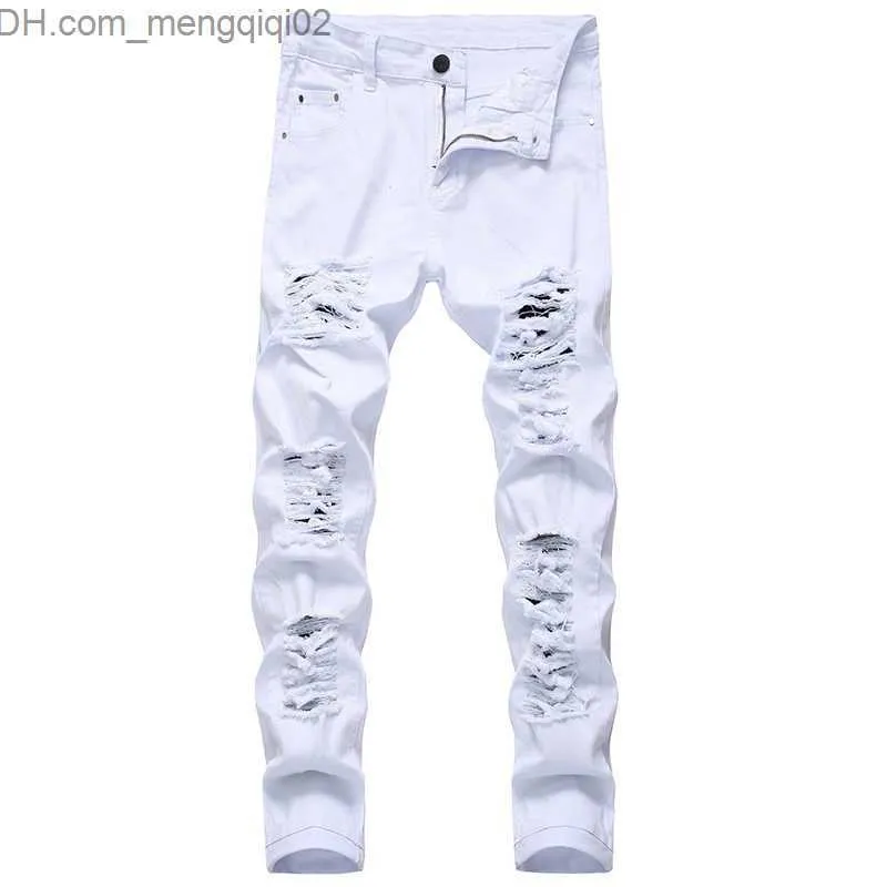 Herrjeans Herr Rippade jeans Vit Röd Svart Stretch Slim Fit Vår Höst Denimbyxor Distressed Hip Hop Streetwear Biker Jeans Byxor X0621 Z230711