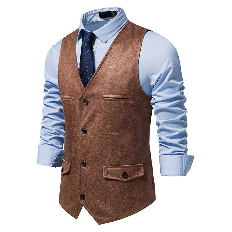 Herrvästar Herr Vintage Mocka Skinn Slim Fit Kostym Väst Hippie Casual Western Cowboyväst Herr Fest Bröllop Gilet Kostym Homme 230705