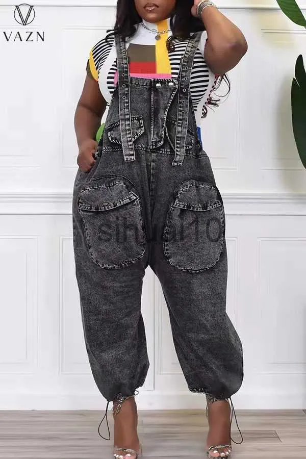 Dambyxor Capris VAZN 2022 Hot Sales Ung Casual High-end Office Lady Solid Nature Spaghetti Strap Ärmlös Joker Dam Denim Cross Jumpsuit J230705