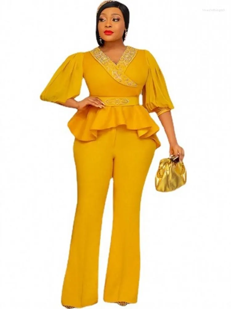 Womens Two Piece Pants Big Size Women Matching Set Solid Color Ruffle Top  Fashion Yellow Trousers African Suit Spring Femme 2023 S 5XL From 30,79 €