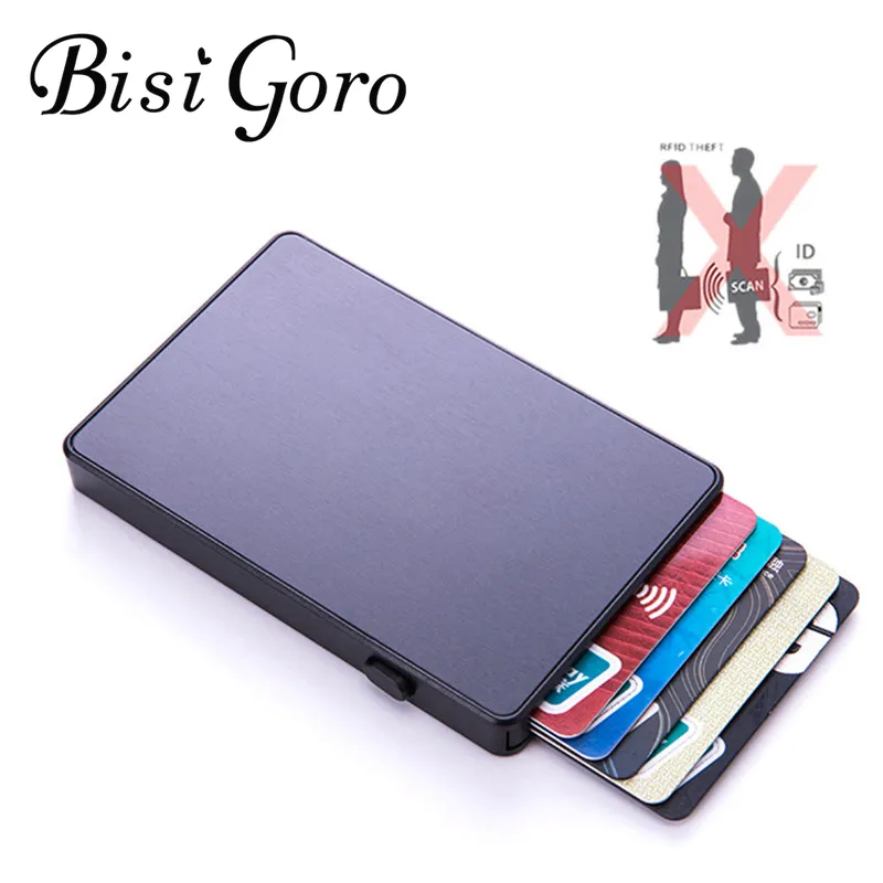 BISI GORO nom personnalisé antivol en aluminium boîte unique portefeuille intelligent mince RFID embrayage Pop-up bouton poussoir porte-cartes étui à cartes