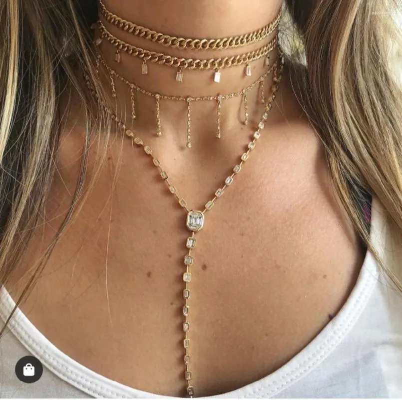 Chains JANKELLY Cubic Zirconia Baguette Pulling Chain Necklace For Women Adjustable Length Trendy Geometric Necklaces