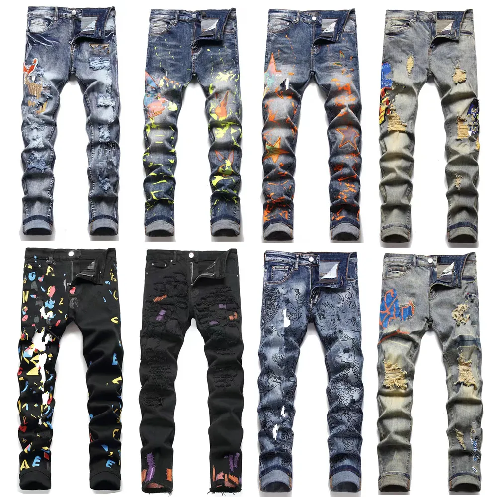 Jeans de designer masculino para homens calças de jeans pretos Men bordando estrelas com zíper Fly Streetwear Skinny Hip Hop Jeans Jeans Pantalones mensal Broken Hole Jeans 38