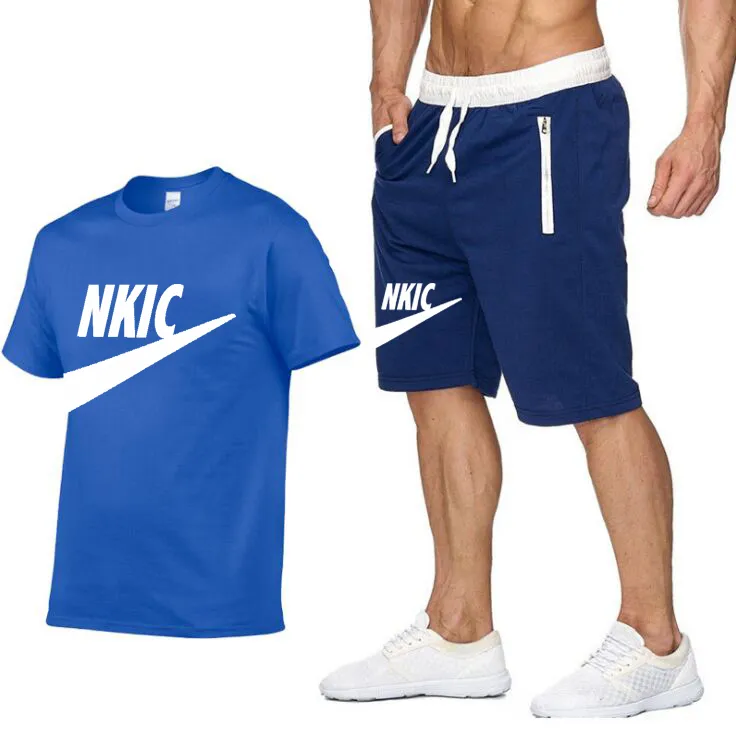 Summer Brand Logo Men's 100% Cotton Blue T-shirt Shorts Set Plus Size 2XL Men's Sportswear Tracksuit 2 Piece O Neck Short Sleeve Men Clothing Pit Male