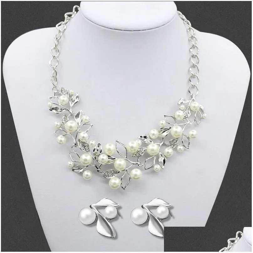 Earrings Necklace Fashion Western Leaf Type Pearl Jewelry Woman Sweater Crystal Rhinestone Chain Wedding Gift Drop Delivery Sets Dhtdb