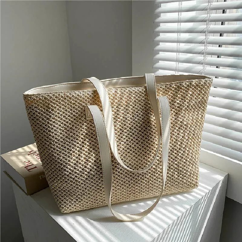 Shoppingväskor 2023 Summer Beach Straw Damväska Stor kapacitet Shopper Tote Kvinnor Pure Color Shoulder Makeup Casual Kvinnlig Handväska Handväska 230704