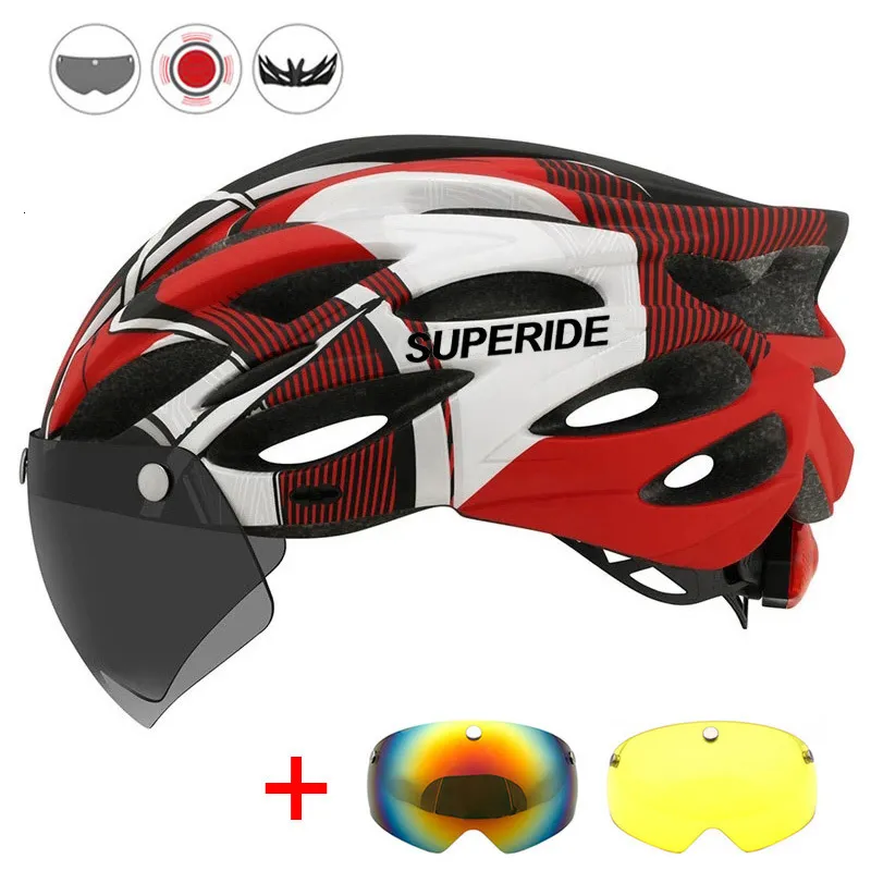 Capacetes de Ciclismo SUPERIDE Masculino Feminino Capacete de Ciclismo com Luz Traseira Esportes MTB Capacete de Bicicleta de Estrada Capacete de Mountain Bike com Óculos de Viseira 230704