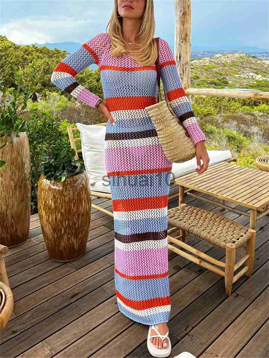 Casual Dresses wsevypo Hollow Out Knit Crochet Beach Long Dress Casual Holiday Party Wear Striped Long Sleeve Round Neck Wrap Dress Women J230705