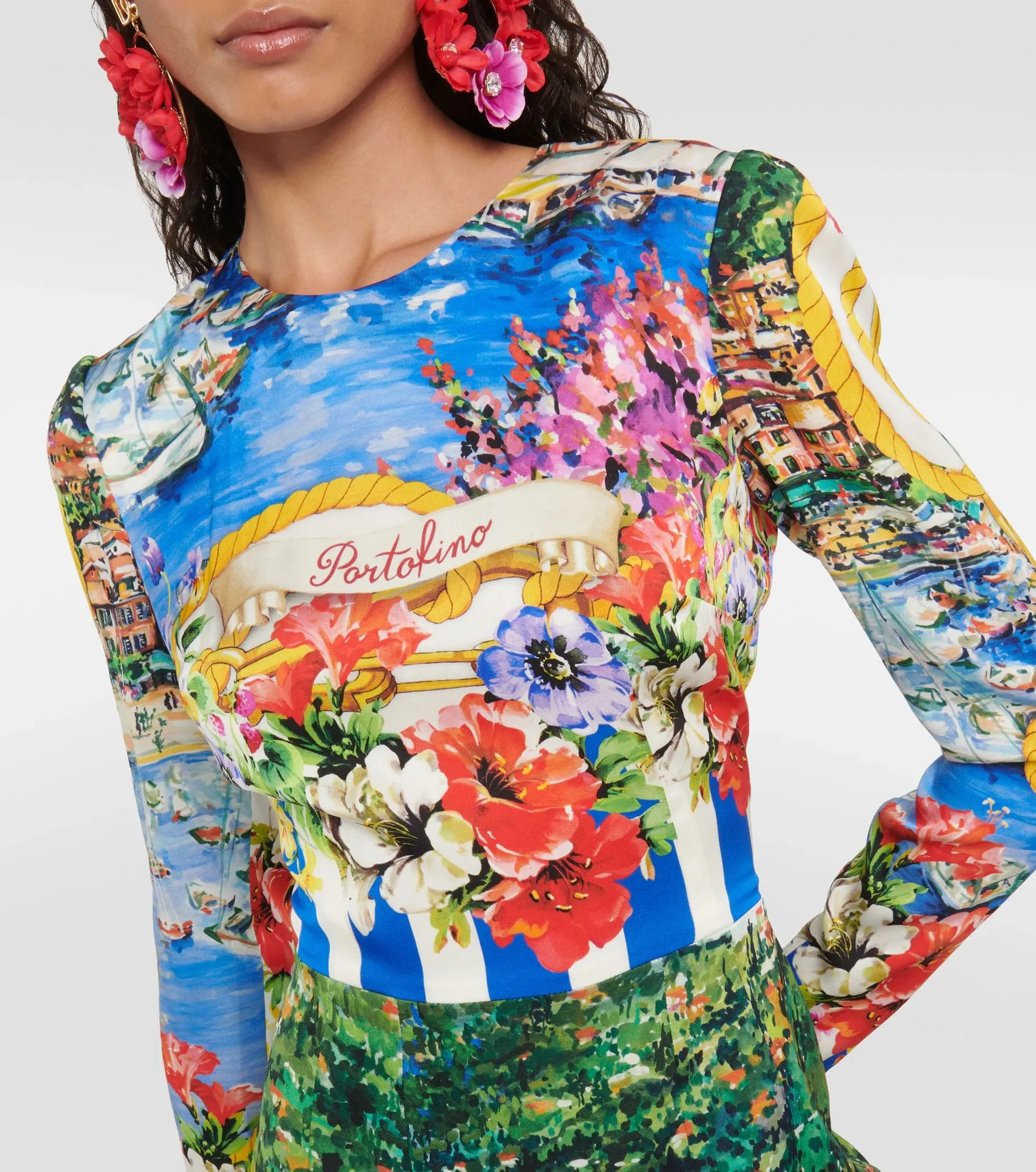 chinese dress ladies Blue White Designer Print Long Sleeve Midi Dress S main image 1