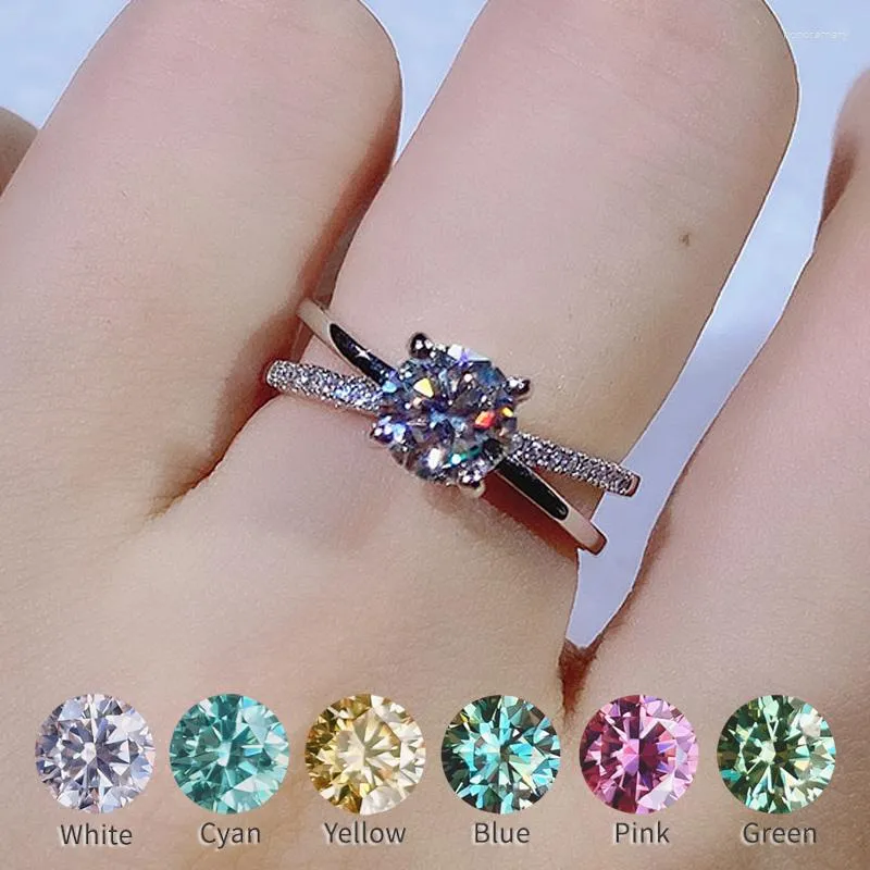 Cluster Rings Real Moissanite Ring 1CT Diamond Color Blue Pink Yellow Green 2023 Trendy Engagement Wedding For Women S925 Silver